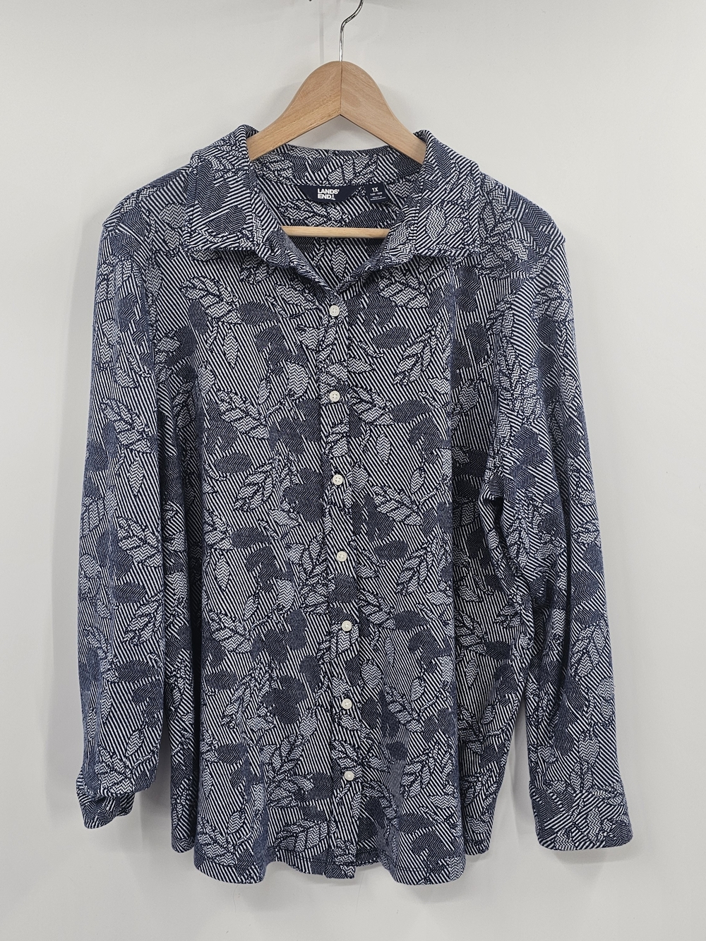 Lands' End Navy White Floral Thick Knit Button-Down Shirt Size 1X